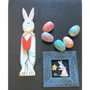 Seven Easter Decorations Pre-Owned; Bunny Hanger, Bunny Picture and 5 eggs